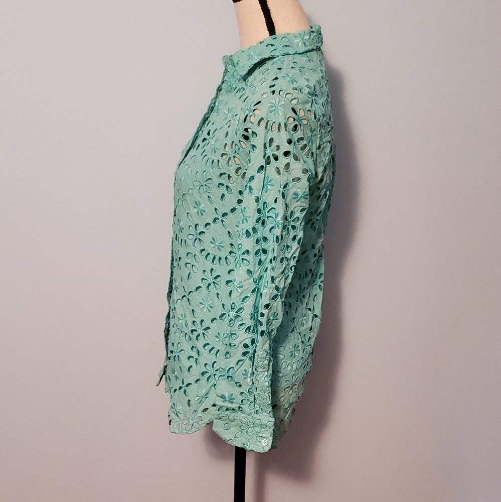 J. Crew Classic Bright Spearmint Green Embroidered Eyelet Button-Down Blouse - Picture 5 of 15